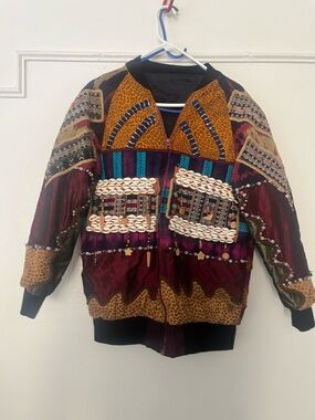 One of a kind. Patchwork Embellished Multicolor Bomber Jacket with Shell Accents